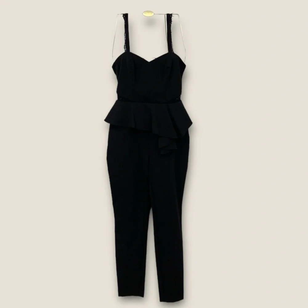 Parker Kimora Combo Jumpsuit Womens Size 0 Black Sleeveless Peplum Ruffle Lace‎